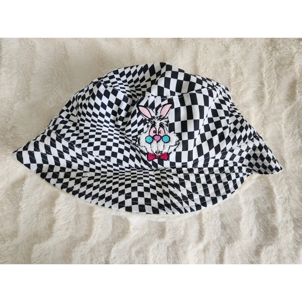 Disney White Rabbit Alice In Wonderland Checkboard Sherpa Bucket‎ Hat